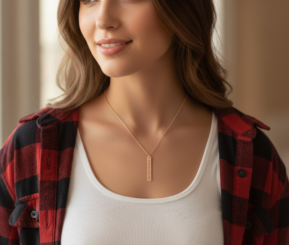 Engraved Personalized Necklace - Book Quote or Inspiration on Vertical Bar