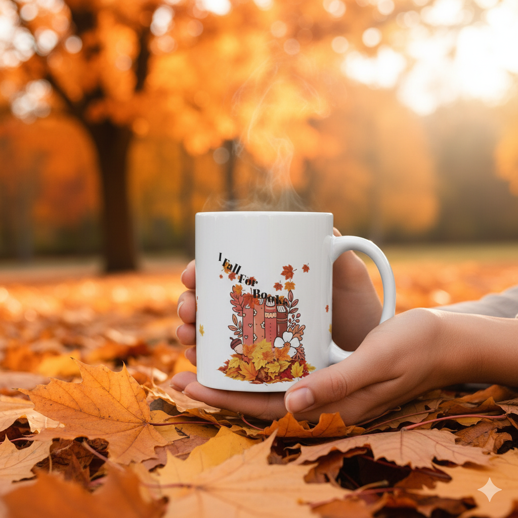 Fall-Inspired Ceramic Mug - "I Fall For Books" - Perfect Gift for Book Lovers