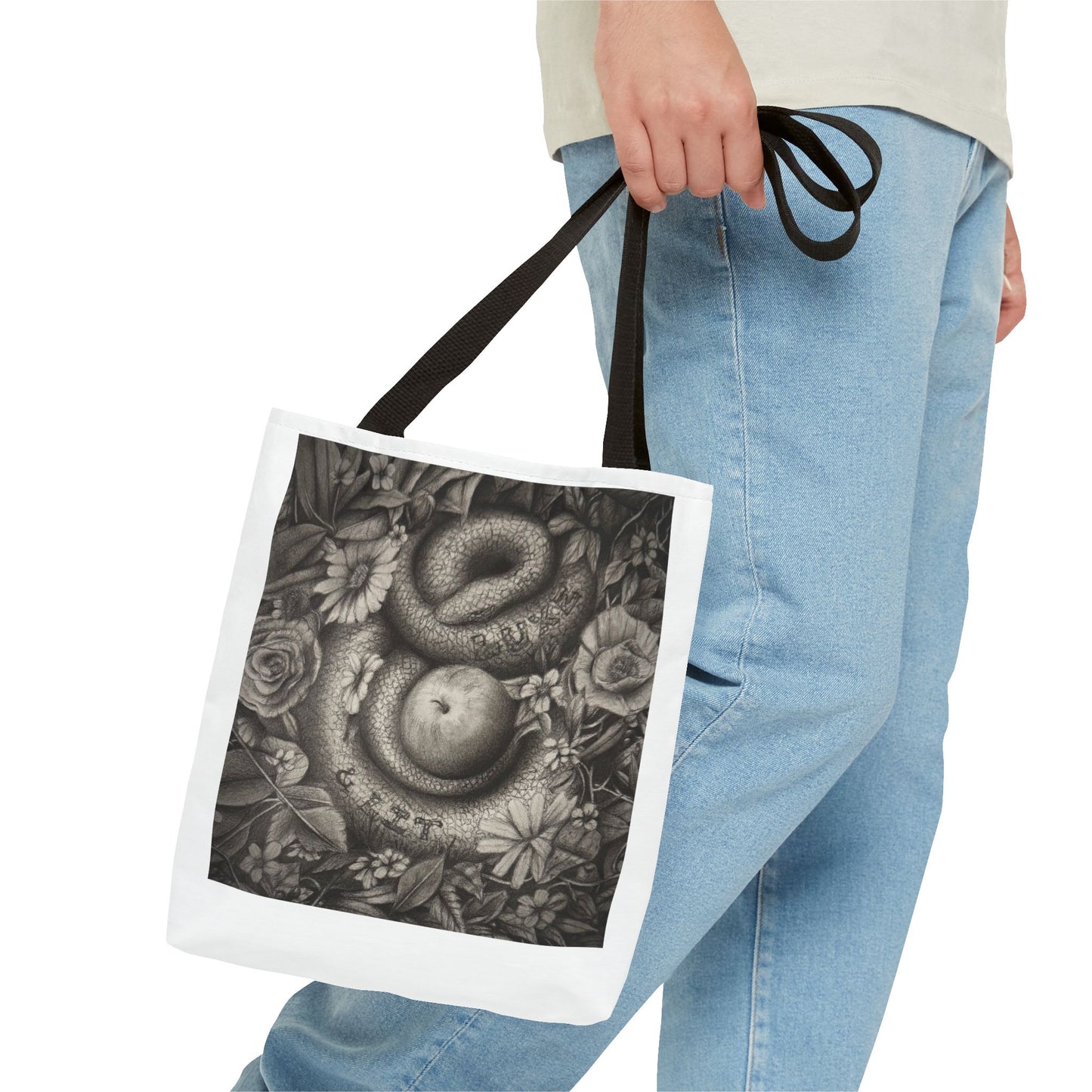 Tote Bag with Serpent and Apple Design