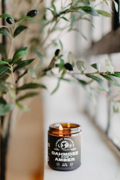 Project Happiness Candle Co. - Oakmoss and Amber - 8 oz Soy Candle